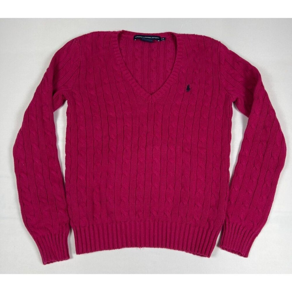 Vintage Ralph Lauren Sport Womens M Pink Cable Knit V-Neck Sweater